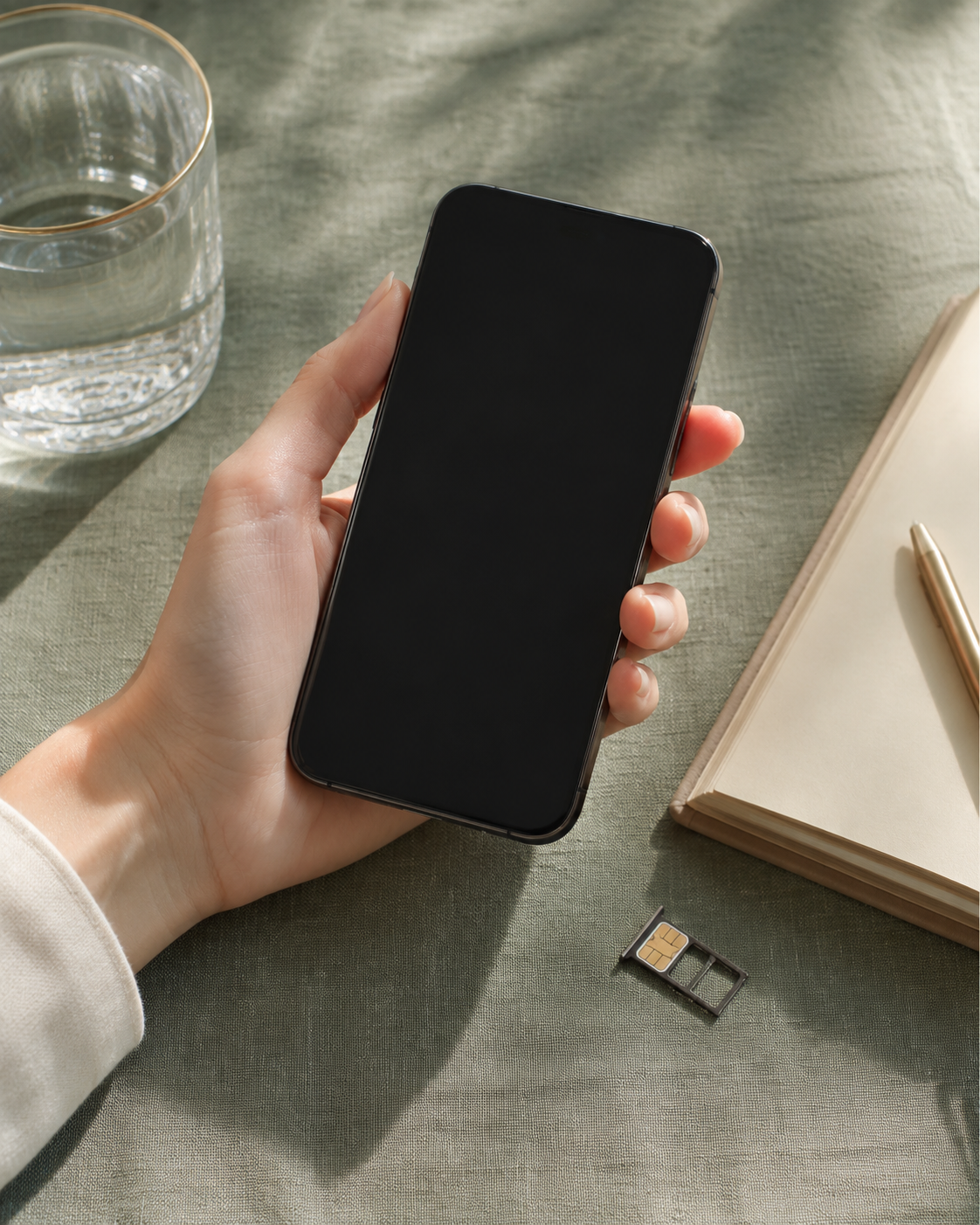 スマートフォンとSIMカードを確認する様子